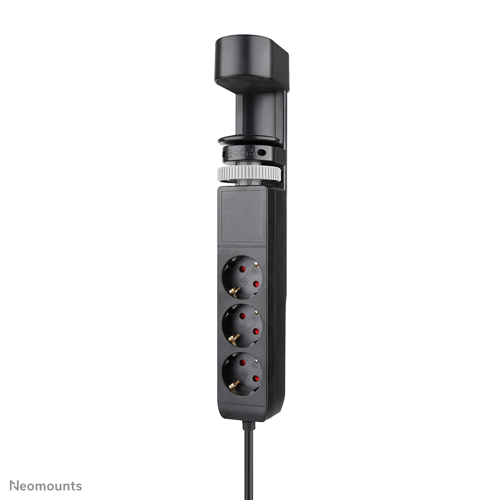Neomounts VOLT DS22-840BL6 Regleta de sobremesa con abrazadera - 2 x USB-C (20W), 1x USB-A (18W), 3 x 230V. enchufe Tipo F 3680 Watt - cable de 1,4 m - carga rápida - negro