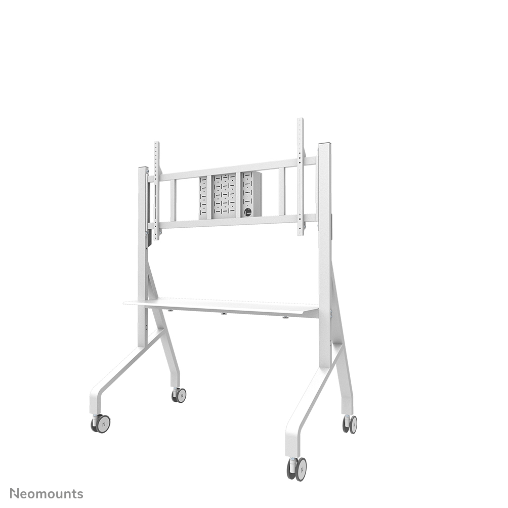 Neomounts MOVE Go XL FL50-575WH1 Carro para TV - 65-110" - máx 125 kg - manual alt. 129-139 cm - VESA 100x100-1100x600 - incl. bandeja para hardware - bloqueable (excl. cerradura) - certificado TÜV - Modelo de Instalación Rápida incl. plantilla de fijación - Kit para barras de video disponible opcionalmente - blanco