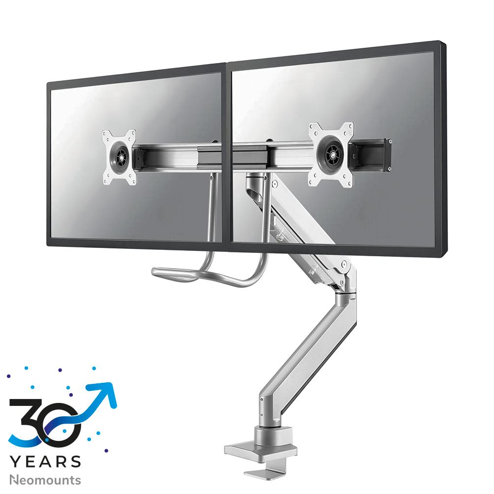 Neomounts NM-D775DXSILVER Barra transversal para brazo de monitor 2 pantallas - 10-32" - 1-8 kg/pantalla - resorte de gas - Tope-a-180° - Topfix - plata