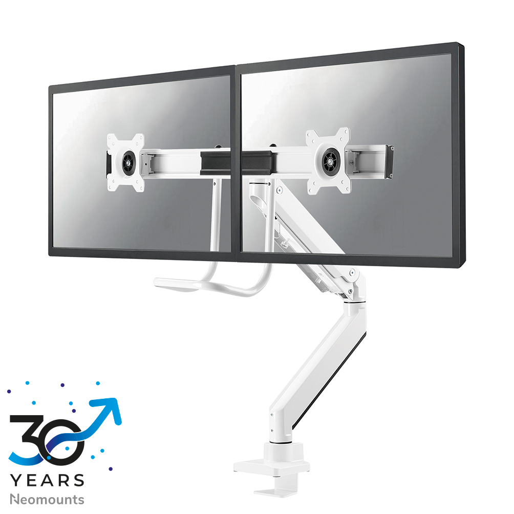 Neomounts NM-D775DXWHITE Barra transversal para brazo de monitor 2 pantallas - 10-32" - 1-8 kg/pantalla - resorte de gas - Tope-a-180° - Topfix - blanco